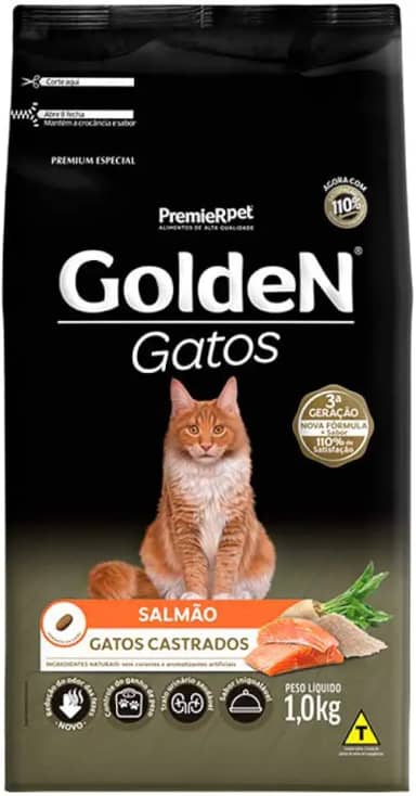 Ração Golden para Gatos Adultos Castrados Sabor Salmão, Premier Pet, 1kg
