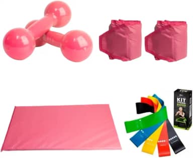 Kit Treino: Par Halter 01 Kg + Par Tornozeleiras 01 Kg + Colchonete Rosa + Kit 05 Elásticos Multifuncionais Tensões Variadas