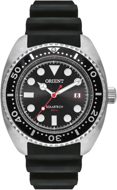 Relógio Orient Masculino Solar Tech 200M - MBSP1038/P1PX - Prata com Mostrador Preto e Pulseira de Silicone Preta