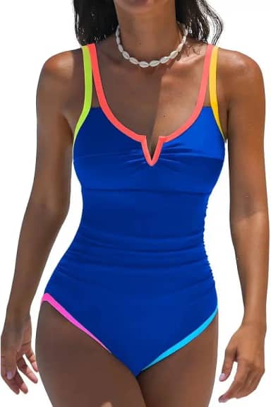 Maiô feminino com controle de barriga – Traje de banho modesto modelador retrô com alças neon