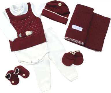 Saida Maternidade Completa Recem Nascido Menino Menina 7 Peças Sanches Baby (Bordô com Natural)