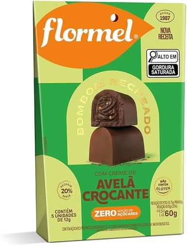 Bombom Recheio Avelã Crocante FLORMEL Zero Açúcar- Caixa com 5 Unidades