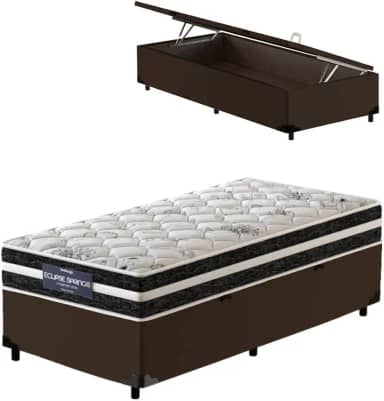 Cama Box Baú Solteiro King Marrom + Colchão Molas Ensacadas - Probel - Eclipse Springs 96x203x62cm