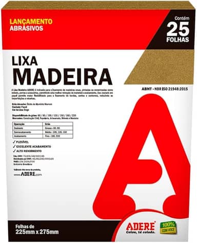 Folha Lixa madeira Papel Bege Adere Lmd100 225mmx275mm - 25 Folhas