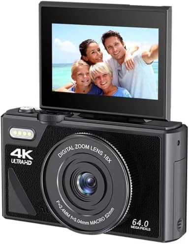 Câmera digital de 64 MP para fotografia e vídeo: câmera vlogging 4K para YouTube com tela flip de 7 cm e cartão TF de 32 GB, câmera digital com zoom digital 16X para presente (preto)
