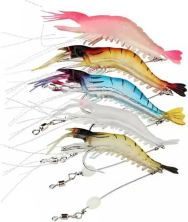 Kit 5 Iscas Artificiais Camarão Soft 9cm 5g com Anzol - Pesca Robalo, Black Bass e Corvina - Ação Realista e Glow Noturno