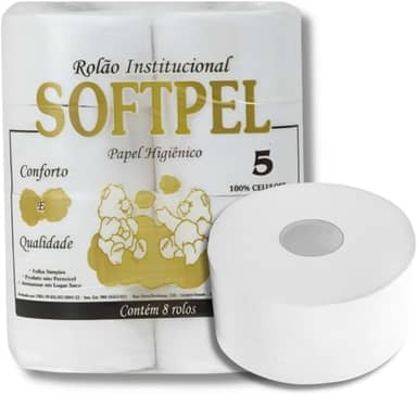 Papel Higiênico Softpel, Rolão 10cm x 200m, Celulose 100%, 8 Unidades