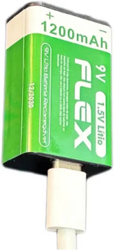 Bateria 9v Recarregavel de Litio via Cabo USB-C com Led indicador de carga 1200mAh de Potência