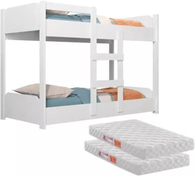 Beliche Infantil 2 em 1 Transforma- se em Minicama 100% MDF com Grades de Proteção e Escada Segurança e Conforto para crianças Acompanha 2 Colchões de 1,50m para mais Praticidade (Branco)
