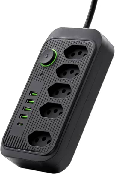 Filtro de Linha, Extensão Tomada, Régua Tomada, Régua de Energia (5 Tomadas + 4 USB + 1 USB-C) – Extensão Elétrica Bivolt 110–220V com Cabo de 2 m | Ideal para Casa, Escritório e Home Office