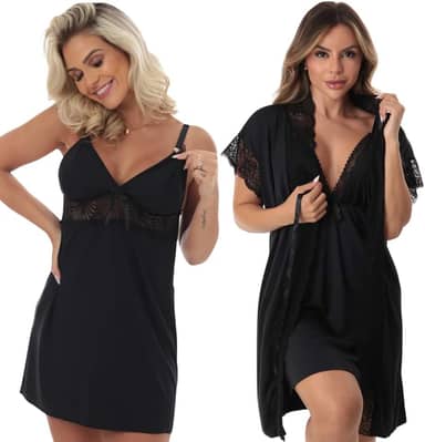 Kit Camisola Amamentação e Robe Pós Parto Saída Maternidade Pijama Confortável Gestante