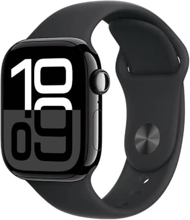 Apple Watch Series 10 GPS • Caixa preta brilhante de alumínio – 42 mm • Pulseira esportiva preta – P/M