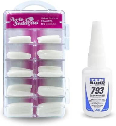Kit 100 Unhas Postiça Realista + Super Cola TekBond 793 20g