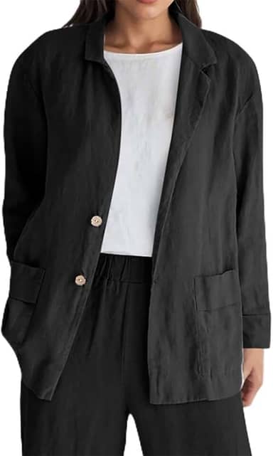 Blazer feminino leve, casual, de algodão, manga comprida, com botões, ajuste solto, para trabalho, escritório, com bolsos