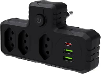 extensão Tomada Preta com USB, Adaptador Inteligente, Régua Tomada, Régua de Energia, Adaptador, 3 Tomadas, 2 Interfaces USB, 1 Porta Tipo-C Premium Quality (Preto)