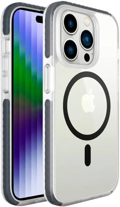 Geonav Capa protetora Impact Pro iPhone 14 Pro, TPU flexível nas extremidades, Compatível com o sistema de imãs MagSafe®, IPI14PSG, Transparente/Cinza Escuro