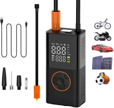 Bomba de Ar Portátil: Compressor Digital, 130 PSI, Bateria 4000mAh, Infla Pneus, Bolas, Colchões, Boias. Cabo USB-C, Carregador Veicular e Lanterna LED, Powerbank. Ideal para Carro, Moto e Bike!