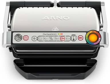 Grill Elétrico Arno Perfect Grill GP01, Inox, com 6 Programas, Função Descongelar e Medição Automática de Espessura, Antiaderente e Fácil de Limpar, 2180W, 220V