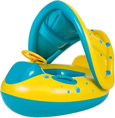 Boia Infantil Piscina Bebê Bote Inflável com Pezinho e Cobertura de Proteção para Crianças 6 Meses à 3 Anos