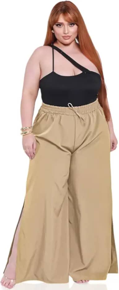 Calça Cintura Alta Elegante Plus Size Feminino Flare Fenda Premium