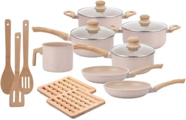 Jogo de Panelas Indução Antiaderente 12 peças, Revestimento Cerâmico, Alumínio Fundo Triplo (Vanilla)