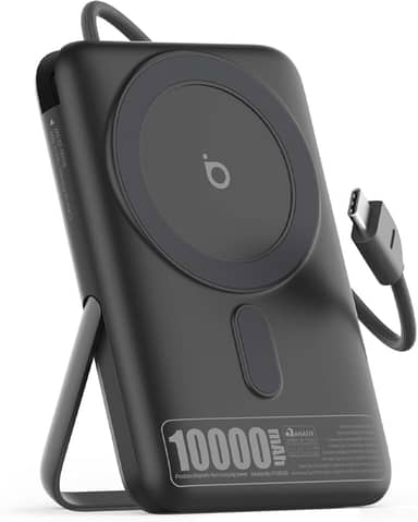 Basike Power Bank Indução 10000mAh – Carregador Portátil Indução 15W, Carregamento Rápido, Tipo-C(1 Porta + Cabo Integrado até 22,5W, Entrada até 18W), Compatível com MagSafe, Suporte Dobrável – Cinza