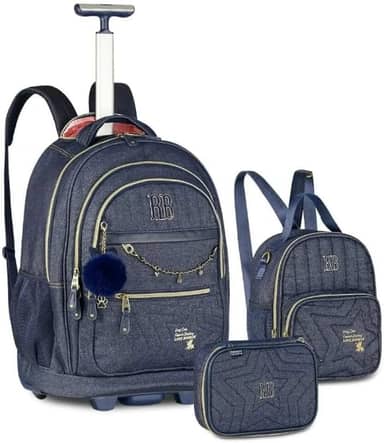 Kit Mochila Carrinho Estojo Lancheira Rebecca Bonbon Jeans