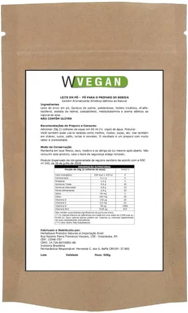 WVegan Leite em Pó de Arroz Vegano, 500g, Sem Glúten, Rico em Vitaminas, para Bebidas e Receitas, Sabor Natural