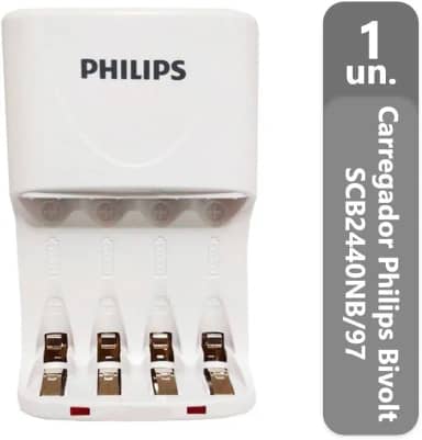 Carregador de Pilhas Philips AA AAA SCB2440NB Desligamento Automático Led Bivolt Inmetro
