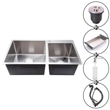 SOFTINOX Cuba Gourmet Dupla Quadrada de Cozinha em Inox 78x43 Acabamento Escovado, Manta Anti-Ruído e Escudo Anti-Suor — Acompanha Dispenser Válvula Cesto Escorredor e Kit de Instalação