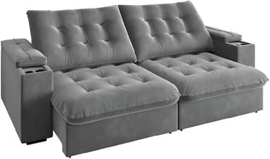 Sofá Retrátil e Reclinável 3 Lugares 2,30m com Porta Copos Veludo New Coliseu Cinza Selmer