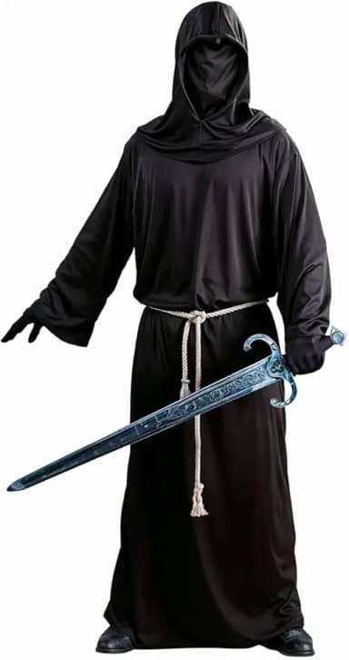 Fantasia Masculina Adulta Halloween Terror Cavaleiro Medieval da Escuridão sem Face Tunica Preta Morte Ceifador Frade