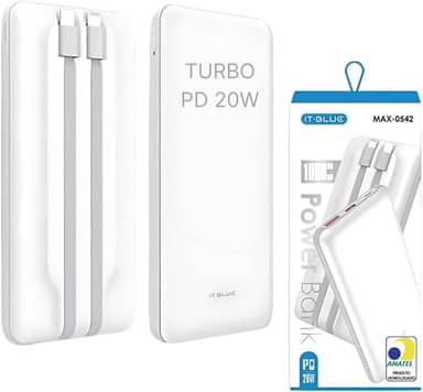 Power Bank 10000 mAh, Carregador Portátil Turbo 20W, Cabo Tipo C e iPhone Embutido, Botão Liga e Desliga, Entrada USB e Tipo C, Tecnologia Power Delivery, Carregamento Super Rápido - MAX-0542