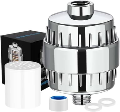 Filtro de Chuveiro com 20 Estágios, Remove Cloro, Flúor e Metais Pesados, Amaciante de Água para Cabelos, Alta Vazão com 2 Refis – Acabamento Cromado