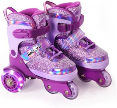 Nattork Patins infantis, 4 tamanhos ajustáveis, patins de três rodas para meninas de 3 a 7 anos com rodas divertidas e proteção de segurança - presente de aniversário para esportes internos e externos