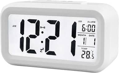 Henniu Relógio de Mesa Despertador digital inteligente com botão de soneca de data e temperatura na parte superior retangular operado por bateria com luz noturna para quarto Crianças - Branco