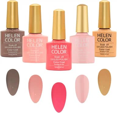 HELEN COLOR Kit Esmalte em Gel UV/LED, 5 Cores Nude e Rosa, Soak Off, 10ml cada, Para Unhas Manicure
