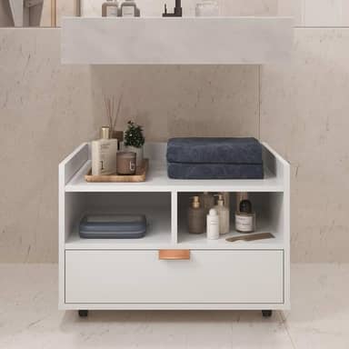 Gabinete Para Banheiro Armário Organizador Com Gaveta e Rodízios Cobreado Berlim (Branco)