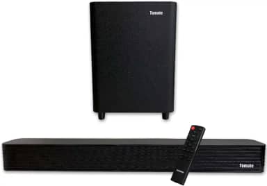 Kit Soundbar e Subwoofer Som de Cinema 2.1 Canais e Tecnologia Imersiva Entrada Óptica Coaxial USB e BT Acompanha Controle - Tomate