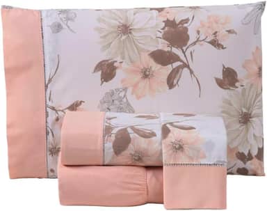 Jogo de Lençol Floral, 4 Peças, Percal 180 Fios, Estampado com Ponto Palito, Algodão/Poliéster, Casal, Queen ou King (Salmão, Casal Padrão)