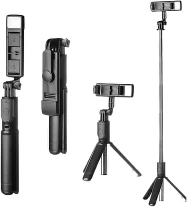 Bastão de Selfie Bluetooth 3 em 1 com Tripé Integrado, Luz LED Ajustável, Controle Remoto Destacável, Rotação 360°, Extensível, Portátil para Fotos, Vídeos, Lives, Reuniões e Viagens