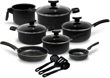 Jogo de Panelas 10 Peças Preto Antiaderente c/Tampa de Vidro e Utensílios