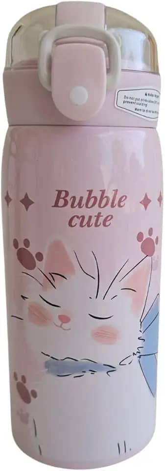 Garrafa Térmica Garrafinha Térmica Infantil Inox Canudo Trava 350 ml - Desenho dinossauro Coelho Carneiro Panda - TYDA (GATO ROSA)