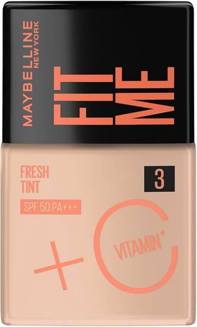 Maybelline NY Fit Me Fresh Tint Base Líquida, Proporciona Efeito Glow Natural, Controla a Oleosidade e Uniformiza a Pele com Vitamina C e FPS 50, Cor 03, 30ml