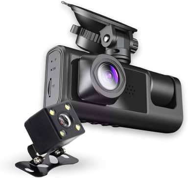 Câmera Veicular 3 Lentes Full HD 1080p, Gravação 360°, Visão Noturna, Sensor G, Detecção de Movimento, Tela LCD, Suporte 32GB