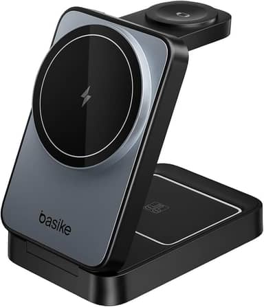Basike Carregador Sem Fio 3 em 1 Magnético 2025, Estação de Carregamento Portátil com Luz Noturna, Dobrável e Compatível com MagSafe, iPhone 16/15/14/13/12, Apple Watch e AirPod (Preto)