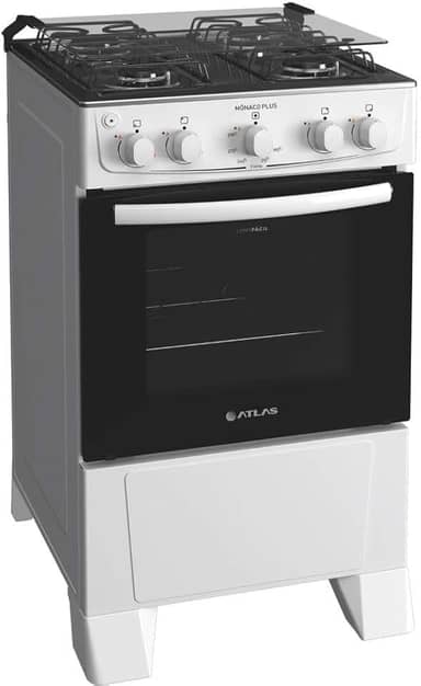 Fogão 4 bocas Atlas Mônaco Plus Branco Mesa inox e acendimento automático