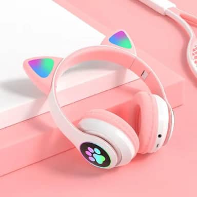 Fone de Ouvido Infantil Bluetooth com Orelhas de Gato, LED RGB, Dobrável, Ajustável, Rosa e Branco, Design Kawaii para Crianças (Rosa)