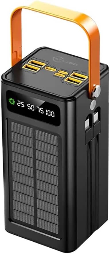Power Bank Solar, 50.000mAh, USB Tipo C, para Smartphones, Preto, Carregamento Rápido Bidirecional, Display Digital, Bateria