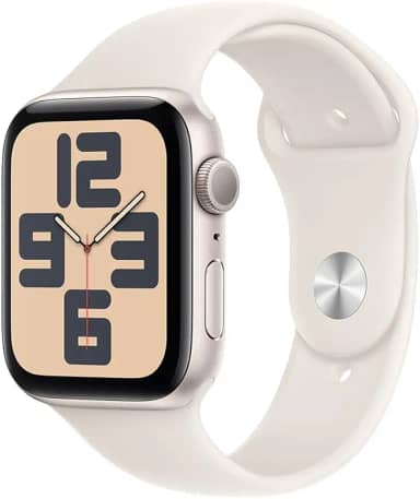 Apple Watch SE GPS • Caixa estelar de alumínio – 44 mm • Pulseira esportiva estelar – M/G